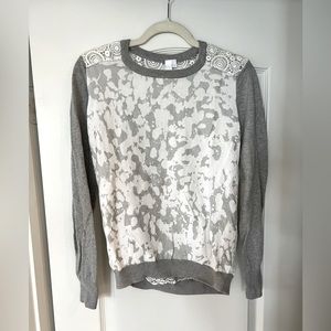 Gray and white pullover with lace detail, size medium